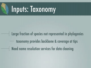 Inputs: Taxonomy
Large fraction of species not represented in phylogenies
taxonomy provides backbone & coverage at tips
Need name resolution services for data cleaning
 