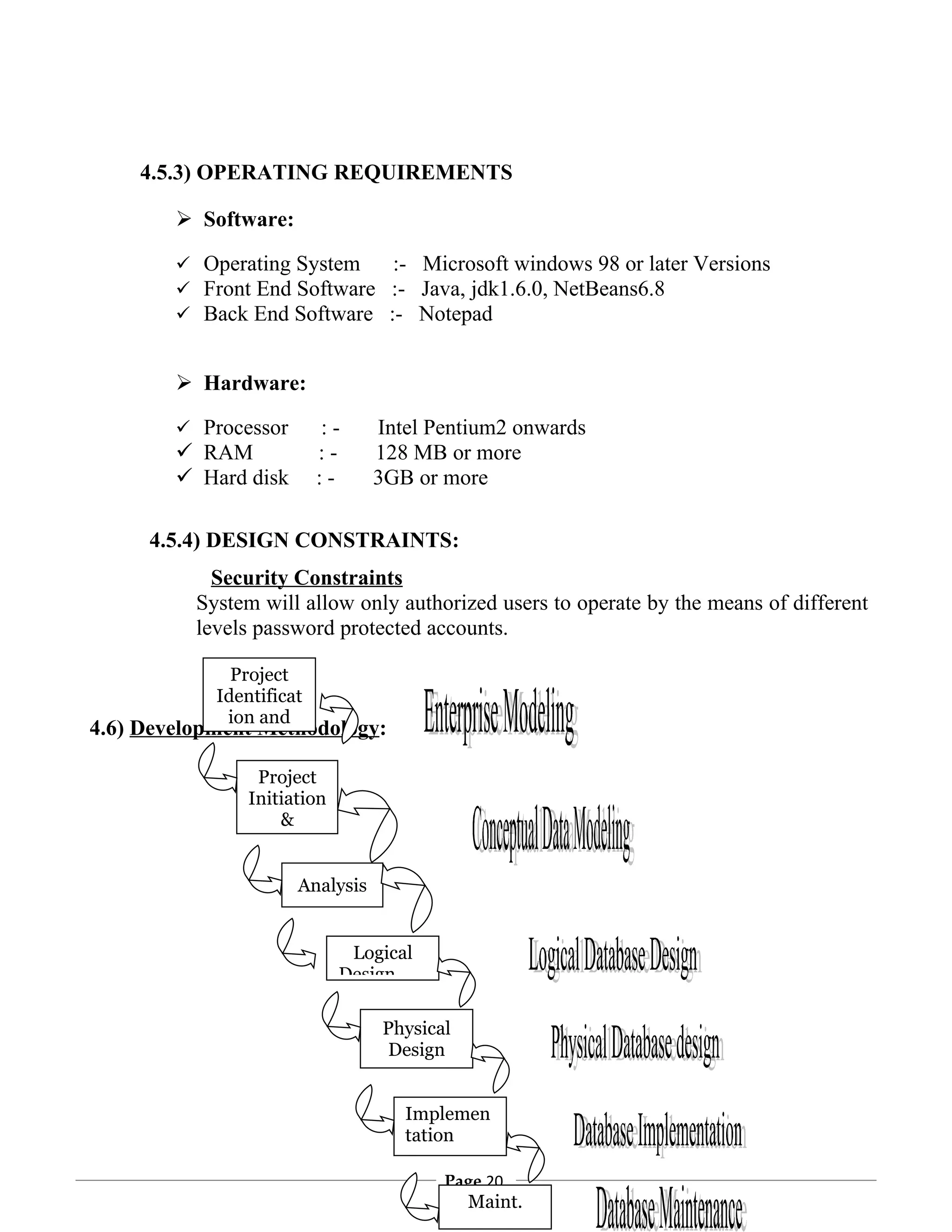 4.5.3) OPERATING REQUIREMENTS

         Software:

         Operating System   :- Microsoft windows 98 or later Versions
         Front End Software :- Java, jdk1.6.0, NetBeans6.8
         Back End Software :- Notepad


         Hardware:

         Processor       :-     Intel Pentium2 onwards
         RAM             :-     128 MB or more
         Hard disk       :-     3GB or more

     4.5.4) DESIGN CONSTRAINTS:
            Security Constraints
          System will allow only authorized users to operate by the means of different
          levels password protected accounts.

              Project
            Identificat
             ion and
4.6) Development Methodology:

                 Project
                Initiation
                    &


                      Analysis


                              Logical
                             Design

                                 Physical
                                 Design


                                    Implemen
                                    tation

                                        Page 20
                                            Maint.
 