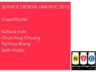SERVICE DESIGN JAM NYC 2013

CrapeMyrtle

Kellock Irvin
Chun-Ying Chuang
Pai-Hua Wang
Seth Hosko
 