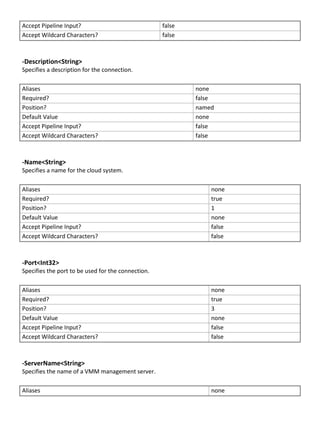 Accept Pipeline Input? false
Accept Wildcard Characters? false
-Description<String>
Specifies a description for the connection.
Aliases none
Required? false
Position? named
Default Value none
Accept Pipeline Input? false
Accept Wildcard Characters? false
-Name<String>
Specifies a name for the cloud system.
Aliases none
Required? true
Position? 1
Default Value none
Accept Pipeline Input? false
Accept Wildcard Characters? false
-Port<Int32>
Specifies the port to be used for the connection.
Aliases none
Required? true
Position? 3
Default Value none
Accept Pipeline Input? false
Accept Wildcard Characters? false
-ServerName<String>
Specifies the name of a VMM management server.
Aliases none
 