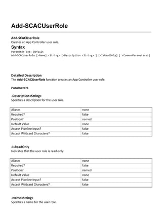 Add-SCACUserRole
Add-SCACUserRole
Creates an App Controller user role.
Syntax
Parameter Set: Default
Add-SCACUserRole [-Name] <String> [-Description <String> ] [-IsReadOnly] [ <CommonParameters>]
Detailed Description
The Add-SCACUserRole function creates an App Controller user role.
Parameters
-Description<String>
Specifies a description for the user role.
Aliases none
Required? false
Position? named
Default Value none
Accept Pipeline Input? false
Accept Wildcard Characters? false
-IsReadOnly
Indicates that the user role is read-only.
Aliases none
Required? false
Position? named
Default Value none
Accept Pipeline Input? false
Accept Wildcard Characters? false
-Name<String>
Specifies a name for the user role.
 