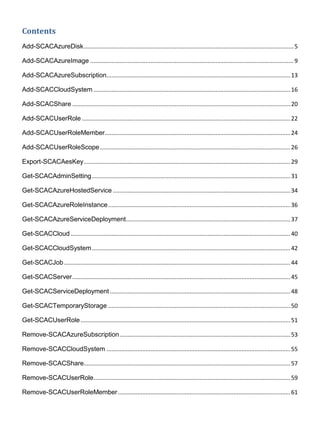 Contents
Add-SCACAzureDisk.................................................................................................................................5
Add-SCACAzureImage .............................................................................................................................9
Add-SCACAzureSubscription.................................................................................................................13
Add-SCACCloudSystem .........................................................................................................................16
Add-SCACShare ......................................................................................................................................20
Add-SCACUserRole ................................................................................................................................22
Add-SCACUserRoleMember..................................................................................................................24
Add-SCACUserRoleScope.....................................................................................................................26
Export-SCACAesKey...............................................................................................................................29
Get-SCACAdminSetting..........................................................................................................................31
Get-SCACAzureHostedService .............................................................................................................34
Get-SCACAzureRoleInstance................................................................................................................36
Get-SCACAzureServiceDeployment.....................................................................................................37
Get-SCACCloud .......................................................................................................................................40
Get-SCACCloudSystem..........................................................................................................................42
Get-SCACJob ...........................................................................................................................................44
Get-SCACServer......................................................................................................................................45
Get-SCACServiceDeployment...............................................................................................................48
Get-SCACTemporaryStorage ................................................................................................................50
Get-SCACUserRole.................................................................................................................................51
Remove-SCACAzureSubscription.........................................................................................................53
Remove-SCACCloudSystem .................................................................................................................55
Remove-SCACShare...............................................................................................................................57
Remove-SCACUserRole.........................................................................................................................59
Remove-SCACUserRoleMember..........................................................................................................61
 