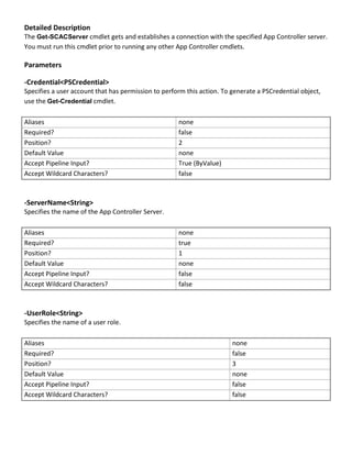 Detailed Description
The Get-SCACServer cmdlet gets and establishes a connection with the specified App Controller server.
You must run this cmdlet prior to running any other App Controller cmdlets.
Parameters
-Credential<PSCredential>
Specifies a user account that has permission to perform this action. To generate a PSCredential object,
use the Get-Credential cmdlet.
Aliases none
Required? false
Position? 2
Default Value none
Accept Pipeline Input? True (ByValue)
Accept Wildcard Characters? false
-ServerName<String>
Specifies the name of the App Controller Server.
Aliases none
Required? true
Position? 1
Default Value none
Accept Pipeline Input? false
Accept Wildcard Characters? false
-UserRole<String>
Specifies the name of a user role.
Aliases none
Required? false
Position? 3
Default Value none
Accept Pipeline Input? false
Accept Wildcard Characters? false
 