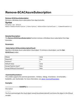 Remove-SCACAzureSubscription
Remove-SCACAzureSubscription
Removes a Windows Azure subscription from App Controller.
Syntax
Parameter Set: Default
Remove-SCACAzureSubscription [-Subscription] <ACAzureSubscriptionCloud> [ <CommonParameters>]
Detailed Description
The Remove-SCACAzureSubscription function removes a Windows Azure subscription from App
Controller.
Parameters
-Subscription<ACAzureSubscriptionCloud>
Specifies a Windows Azure subscription cloud object. To retrieve a cloud object, use the Get-
SCACCloud cmdlet.
Aliases none
Required? true
Position? 1
Default Value none
Accept Pipeline Input? false
Accept Wildcard Characters? false
<CommonParameters>
This cmdlet supports the common parameters: -Verbose, -Debug, -ErrorAction, -ErrorVariable, -
OutBuffer, and -OutVariable. For more information, see about_CommonParameters.
Examples
-------------------------- EXAMPLE 1 --------------------------
Description
-----------
The first command gets the cloud object named AzureSubscription01 and stores the object in the $Cloud
variable.
 