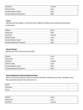 Position? named
Default Value none
Accept Pipeline Input? false
Accept Wildcard Characters? false
-Force
Indicates that the image or virtual hard disk is added to Windows Azure without prompting for
confirmation.
Aliases none
Required? false
Position? named
Default Value none
Accept Pipeline Input? false
Accept Wildcard Characters? false
-Name<String>
Specifies the name of the virtual hard disk.
Aliases none
Required? true
Position? named
Default Value none
Accept Pipeline Input? false
Accept Wildcard Characters? false
-OperatingSystem<OperatingSystemType>
Specifies the operating system type of the virtual hard disk. Valid values are: None, Windows, Linux.
The acceptable values for this parameter are:
None
Windows
Linux
Aliases none
Required? true
Position? named
 