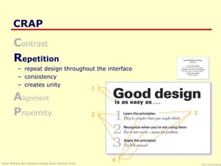 Saul Greenberg
CRAP
Contrast
Repetition
– repeat design throughout the interface
– consistency
– creates unity
Alignment
Proximity
Robin Williams Non-Designers Design Book, Peachpit Press
1
2 3
4
 