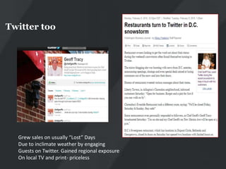 Twitter too




  Grew sales on usually “Lost” Days
  Due to inclimate weather by engaging
  Guests on Twitter. Gained regional exposure
  On local TV and print- priceless
 