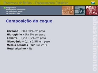 Composição do coque Carbono  – 88 a 90% em peso Hidrogênio  – 5   a 9% em peso Enxofre  – 0,2 a 3,5% em peso Nitrogênio  – 0,1 a 0,5% em peso Metais pesados  – Ni/ Cu/ V/ Fe Metal alcalino  – Na 