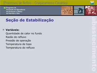 Seção de Estabilização Variáveis: Quantidade de calor no fundo Razão de refluxo Pressão de operação Temperatura de topo Temperatura do refluxo 