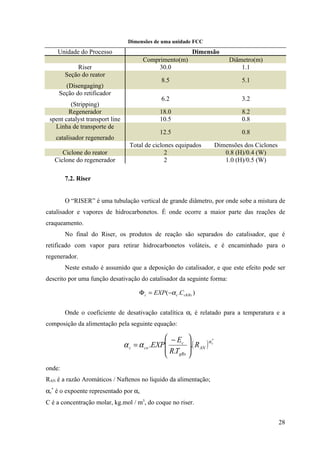 Dimensões de uma unidade FCC
    Unidade do Processo                                      Dimensão
                                        Comprimento(m)                      Diâmetro(m)
            Riser                            30.0                               1.1
        Seção do reator
                                                8.5                             5.1
       (Disengaging)
     Seção do retificador
                                                6.2                             3.2
         (Stripping)
        Regenerador                            18.0                             8.2
 spent catalyst transport line                 10.5                             0.8
   Linha de transporte de
                                               12.5                             0.8
   catalisador regenerado
                                   Total de ciclones equipados         Dimensões dos Ciclones
      Ciclone do reator                          2                        0.8 (H)/0.4 (W)
   Ciclone do regenerador                        2                        1.0 (H)/0.5 (W)

        7.2. Riser


        O “RISER” é uma tubulação vertical de grande diâmetro, por onde sobe a mistura de
catalisador e vapores de hidrocarbonetos. É onde ocorre a maior parte das reações de
craqueamento.
        No final do Riser, os produtos de reação são separados do catalisador, que é
retificado com vapor para retirar hidrocarbonetos voláteis, e é encaminhado para o
regenerador.
        Neste estudo é assumido que a deposição do catalisador, e que este efeito pode ser
descrito por uma função desativação do catalisador da seguinte forma:

                                       Φ c = EXP( −α c .CcKRs )


        Onde o coeficiente de desativação catalítica αc é relatado para a temperatura e a
composição da alimentação pela seguinte equação:

                                                 − Ec 
                                 α c = α co .EXP      .( RAN ) α c
                                                                   *


                                                 R.T 
                                                 gRs 
onde:
RAN é a razão Aromáticos / Naftenos no liquido da alimentação;
αc* é o expoente representado por αc.
C é a concentração molar, kg.mol / m3, do coque no riser.


                                                                                                28
 