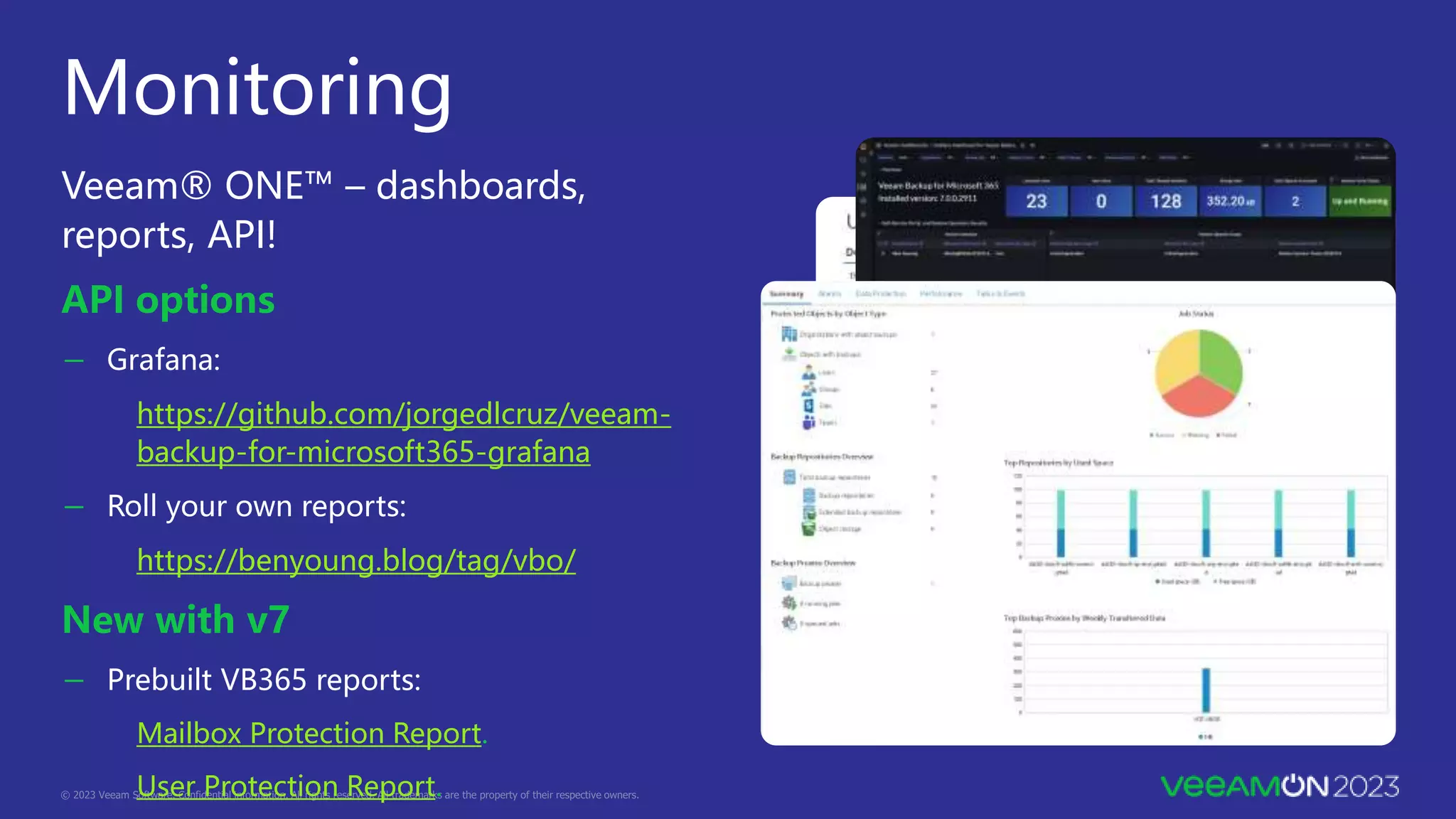 Monitoring
Veeam® ONE™ – dashboards,
reports, API!
API options
－ Grafana:
https://github.com/jorgedlcruz/veeam-
backup-for-microsoft365-grafana
－ Roll your own reports:
https://benyoung.blog/tag/vbo/
New with v7
－ Prebuilt VB365 reports:
Mailbox Protection Report.
User Protection Report.
 