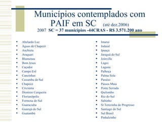 Municípios contemplados com PAIF em SC  (até dez.2006) 2007  SC = 37 municípios -44CRAS - R$ 3.571.200 ano Abelardo Luz Águas de Chapecó Anchieta Araquari Blumenau Bom Jesus Caçador Campo Erê Canoinhas Caxambu do Sul Chapecó Criciúma Dionísio Cerqueira Florianópolis Formosa do Sul Guaraciaba Guarujá do Sul Guatambú Imaruí  Indaial Ipuaçu Jaraguá do Sul Joinville Lages Laguna Palhoça Palma Sola Paraíso Passos Maia Ponte Serrada Quilombo Rio do Sul Saltinho St Terezinha do Progresso Santiago do Sul Sul Brasil Pinhalzinho 