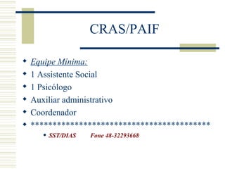 CRAS/PAIF Equipe Mínima: 1 Assistente Social 1 Psicólogo Auxiliar administrativo Coordenador ***************************************** SST/DIAS  Fone 48-32293668 