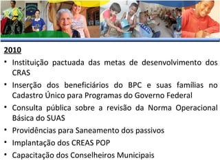 2010
• Instituição pactuada das metas de desenvolvimento dos
CRAS
• Inserção dos beneficiários do BPC e suas famílias no
Cadastro Único para Programas do Governo Federal
• Consulta pública sobre a revisão da Norma Operacional
Básica do SUAS
• Providências para Saneamento dos passivos
• Implantação dos CREAS POP
• Capacitação dos Conselheiros Municipais

 