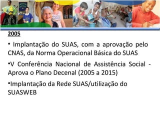 2005

• Implantação do SUAS, com a aprovação pelo
CNAS, da Norma Operacional Básica do SUAS
•V Conferência Nacional de Assistência Social Aprova o Plano Decenal (2005 a 2015)
•Implantação da Rede SUAS/utilização do
SUASWEB

 