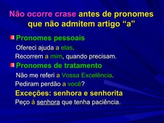 Não ocorre crase  antes de pronomes que não admitem artigo “a” Pronomes pessoais Ofereci ajuda  a   elas . Recorrem  a   mim , quando precisam. Pronomes de tratamento Não me referi  a   Vossa Excelência . Pediram perdão  a   você ? Exceções: senhora e senhorita Peço  à  senhora  que tenha paciência. 