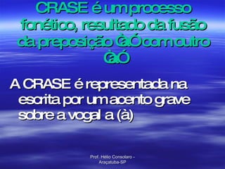 CRASE é um processo fonético, resultado da fusão da preposição “a”  com outro “a” ,[object Object],Prof. Hélio Consolaro - Araçatuba-SP 