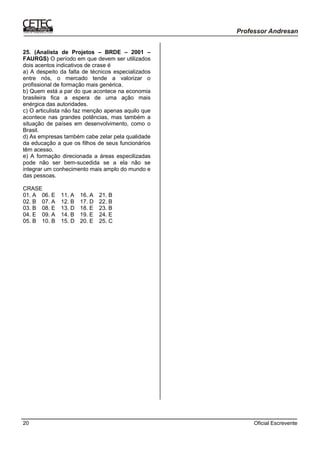 Oficial Escrevente20
25. (Analista de Projetos – BRDE – 2001 –
FAURGS) O período em que devem ser utilizados
dois acentos indicativos de crase é
a) A despeito da falta de técnicos especializados
entre nós, o mercado tende a valorizar o
profissional de formação mais genérica.
b) Quem está a par do que acontece na economia
brasileira fica a espera de uma ação mais
enérgica das autoridades.
c) O articulista não faz menção apenas aquilo que
acontece nas grandes potências, mas também a
situação de países em desenvolvimento, como o
Brasil.
d) As empresas também cabe zelar pela qualidade
da educação a que os filhos de seus funcionários
têm acesso.
e) A formação direcionada a áreas especilizadas
pode não ser bem-sucedida se a ela não se
integrar um conhecimento mais amplo do mundo e
das pessoas.
CRASE
01. A 06. E 11. A 16. A 21. B
02. B 07. A 12. B 17. D 22. B
03. B 08. E 13. D 18. E 23. B
04. E 09. A 14. B 19. E 24. E
05. B 10. B 15. D 20. E 25. C
 