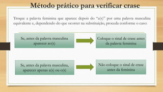 Método prático para verificar crase
Troque a palavra feminina que aparece depois do “a(s)” por uma palavra masculina
equivalente e, dependendo do que ocorrer na substituição, proceda conforme o caso:
Se, antes da palavra masculina
aparecer ao(s)
Não coloque o sinal de crase
antes da feminina
Se, antes da palavra masculina,
aparecer apenas a(s) ou o(s)
Coloque o sinal de crase antes
da palavra feminina
 