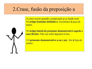 2.Crase, fusão da preposição a
A crase ocorre quando a preposição a se funde com:
•O artigo feminino definido a: Assistimos à peça de
teatro.
•O artigo inicial do pronome demonstrativo aquele e
suas flexões: Não me refiro àqueles livros.
• O pronome demonstrativo a ou ( as): Irei à loja do
centro.

 