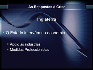 As Respostas à Crise Inglaterra O Estado intervém na economia Apoio às industrias Medidas Proteccionistas 