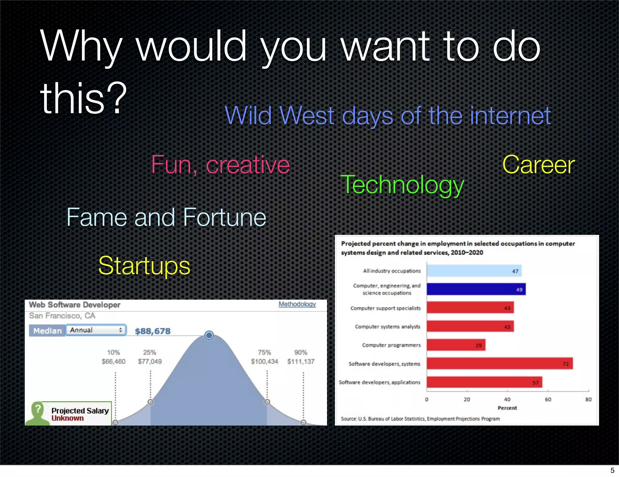 Why would you want to do
this?
Wild West days of the internet
Fun, creative

Technology

Career

Fame and Fortune
Startups

5

 