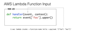 def handler(event, context):
return event['foo'].upper()
AWS Lambda Function Input
app.py
$ aws lambda invoke --function-name hello --payload '{"foo": "bar"}'
 