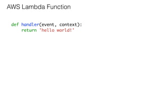 def handler(event, context):
return 'hello world!'
AWS Lambda Function
 