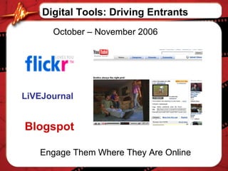 Digital Tools: Driving Entrants October – November 2006 LiVEJournal Blogspot Engage Them Where They Are Online 