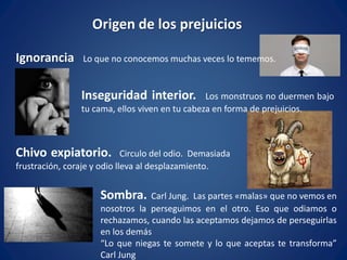 Origen de los prejuicios
Ignorancia Lo que no conocemos muchas veces lo tememos.
Inseguridad interior. Los monstruos no duermen bajo
tu cama, ellos viven en tu cabeza en forma de prejuicios.
Chivo expiatorio. Circulo del odio. Demasiada
frustración, coraje y odio lleva al desplazamiento.
Sombra. Carl Jung. Las partes «malas» que no vemos en
nosotros la perseguimos en el otro. Eso que odiamos o
rechazamos, cuando las aceptamos dejamos de perseguirlas
en los demás
“Lo que niegas te somete y lo que aceptas te transforma”
Carl Jung
 
