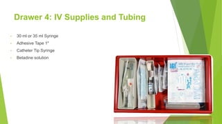 Drawer 4: IV Supplies and Tubing
• 30 ml or 35 ml Syringe
• Adhesive Tape 1"
• Catheter Tip Syringe
• Betadine solution
 