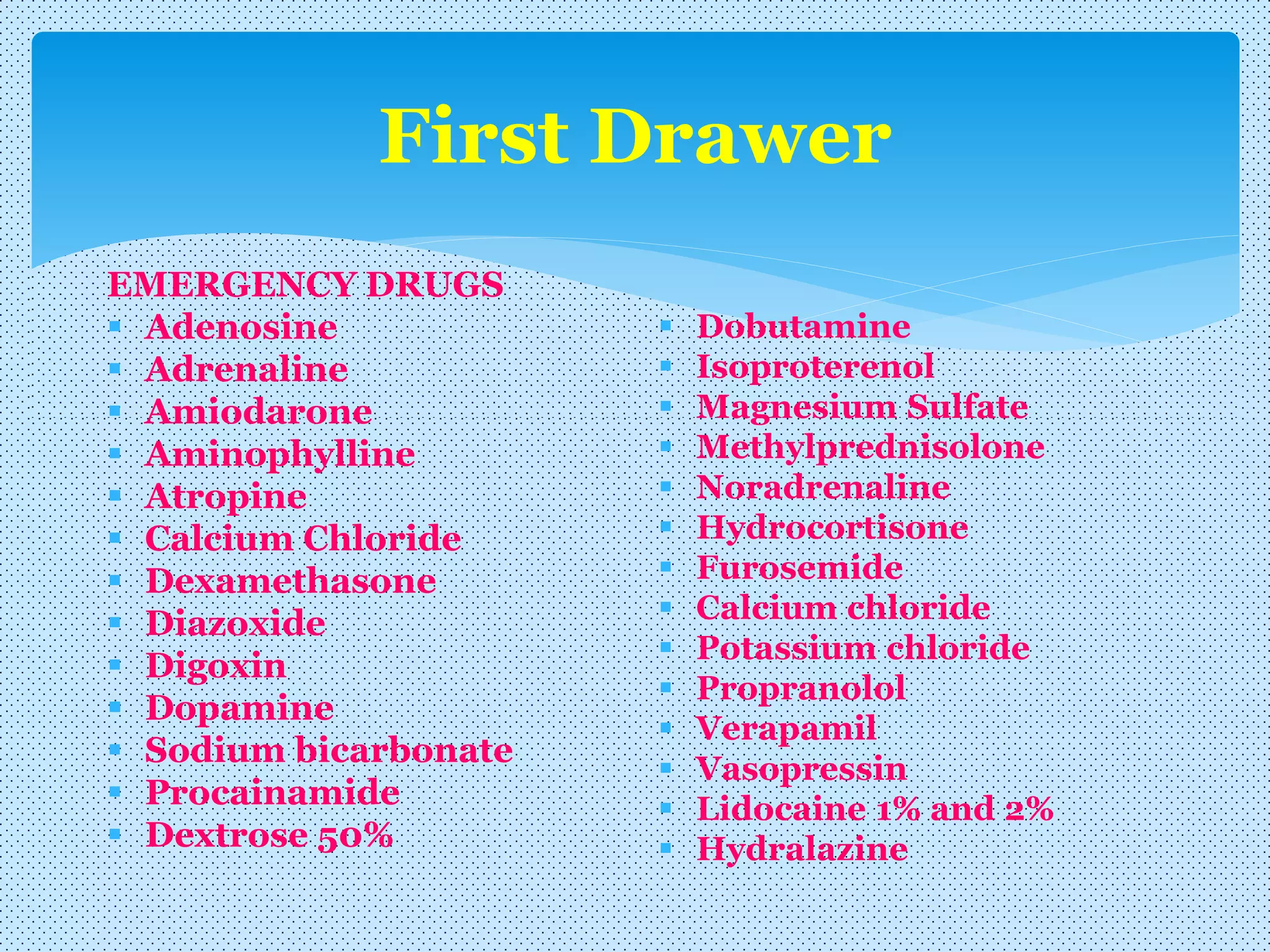 First Drawer
EMERGENCY DRUGS
 Adenosine
 Adrenaline
 Amiodarone
 Aminophylline
 Atropine
 Calcium Chloride
 Dexamethasone
 Diazoxide
 Digoxin
 Dopamine
 Sodium bicarbonate
 Procainamide
 Dextrose 50%
 Dobutamine
 Isoproterenol
 Magnesium Sulfate
 Methylprednisolone
 Noradrenaline
 Hydrocortisone
 Furosemide
 Calcium chloride
 Potassium chloride
 Propranolol
 Verapamil
 Vasopressin
 Lidocaine 1% and 2%
 Hydralazine
 