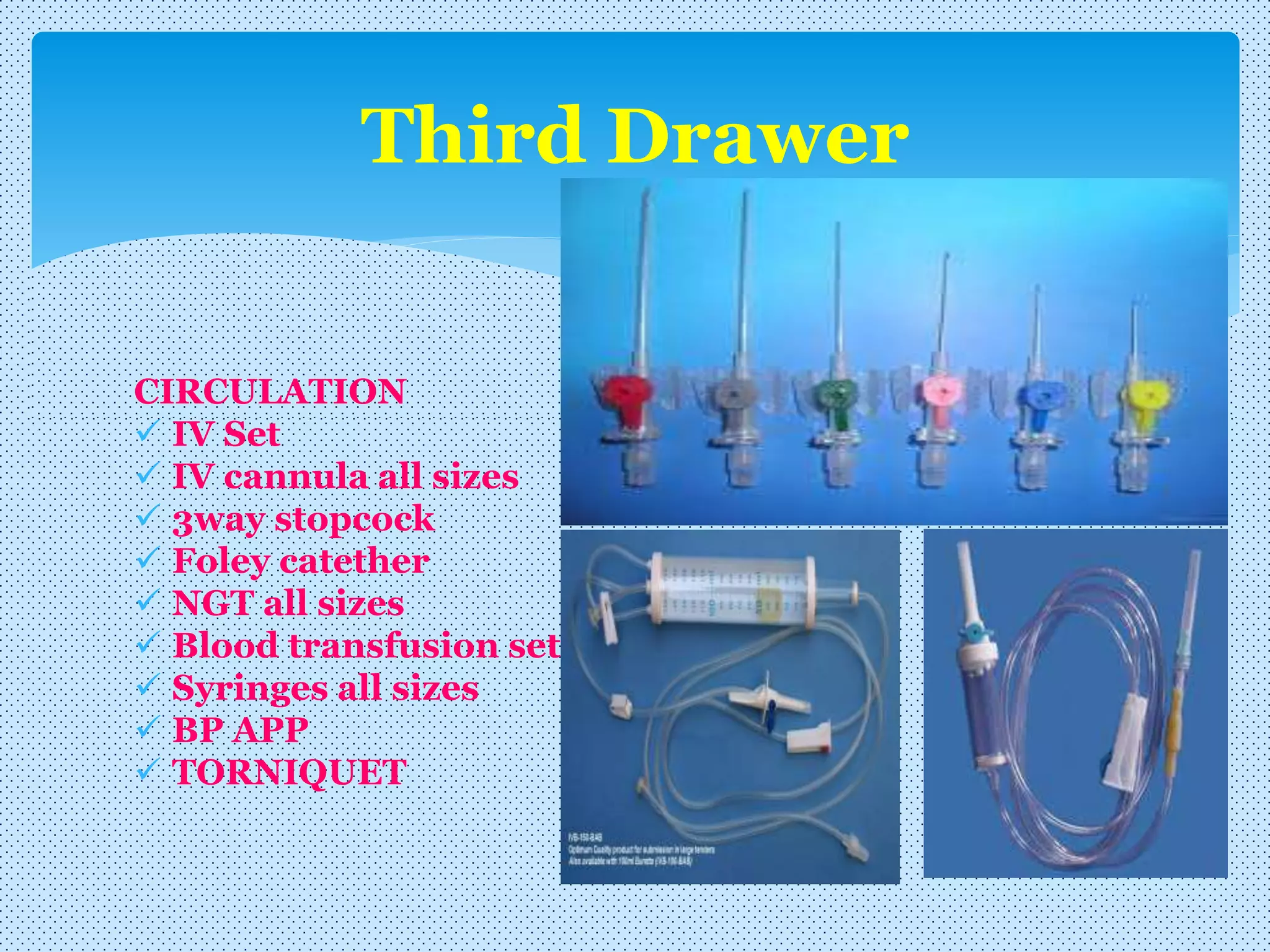 CIRCULATION
 IV Set
 IV cannula all sizes
 3way stopcock
 Foley catether
 NGT all sizes
 Blood transfusion set
 Syringes all sizes
 BP APP
 TORNIQUET
Third Drawer
 