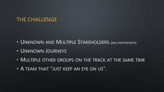 THE CHALLENGE
• UNKNOWN AND MULTIPLE STAKEHOLDERS (AKA PARTICIPANTS)
• UNKNOWN JOURNEYS
• MULTIPLE OTHER GROUPS ON THE TRACK AT THE SAME TIME
• A TEAM THAT “JUST KEEP AN EYE ON US”.
 