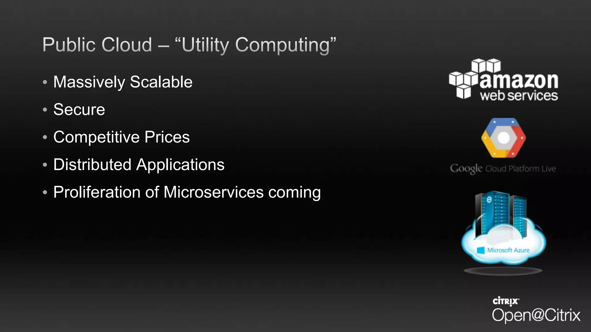 • Massively Scalable
• Secure
• Competitive Prices
• Distributed Applications
• Proliferation of Microservices coming
 