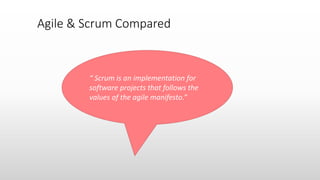 Agile & Scrum Compared
“ Scrum is an implementation for
software projects that follows the
values of the agile manifesto.”
 