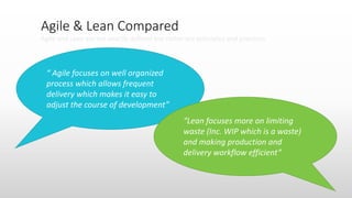 Agile & Lean Compared
Agile and Lean are not exactly defined but rather are principles and practices
“ Agile focuses on well organized
process which allows frequent
delivery which makes it easy to
adjust the course of development”
“Lean focuses more on limiting
waste (Inc. WIP which is a waste)
and making production and
delivery workflow efficient”
 