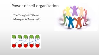 • The “spaghetti” Game
• Manager vs Team (self)
Power of self organization
 
