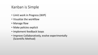 • Limit work in Progress (WIP)
• Visualize the workflow
• Manage flow
• Make policies explicit
• Implement feedback loops
• Improve Collaboratively, evolve experimentally
(Scientific Method)
Kanban is Simple
has only 6 key principles
 