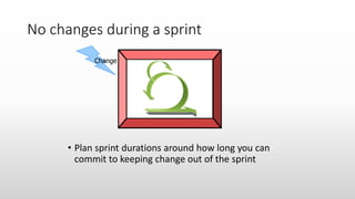 No changes during a sprint
• Plan sprint durations around how long you can
commit to keeping change out of the sprint
Change
 
