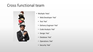 Cross functional team
• Multiple ‘Hats’
• Web Developer ‘Hat’
• Test ‘Hat’
• Delivery Engineer ‘Hat’
• Code Analysis ‘Hat’
• Design ‘Hat’
• Database ‘Hat’
• Operations ‘Hat’
• Security ‘Hat’
 