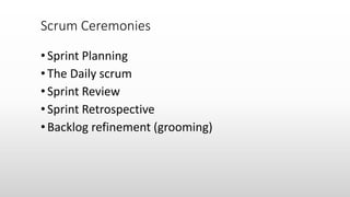 •Sprint Planning
•The Daily scrum
•Sprint Review
•Sprint Retrospective
•Backlog refinement (grooming)
Scrum Ceremonies
 