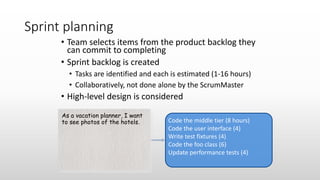 Sprint planning
• Team selects items from the product backlog they
can commit to completing
• Sprint backlog is created
• Tasks are identified and each is estimated (1-16 hours)
• Collaboratively, not done alone by the ScrumMaster
• High-level design is considered
As a vacation planner, I want
to see photos of the hotels. Code the middle tier (8 hours)
Code the user interface (4)
Write test fixtures (4)
Code the foo class (6)
Update performance tests (4)
 