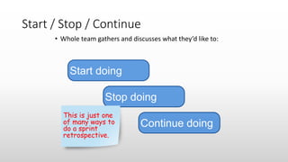 Start / Stop / Continue
• Whole team gathers and discusses what they’d like to:
Start doing
Stop doing
Continue doing
This is just one
of many ways to
do a sprint
retrospective.
 