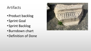 Artifacts
•Product backlog
•Sprint Goal
•Sprint Backlog
•Burndown chart
•Definition of Done
 