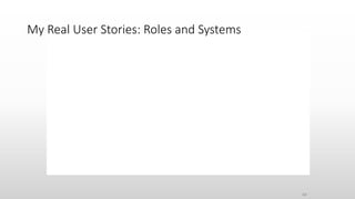 84
uc my real User Story
Administrator
User
General requirement
Configure recorder
Record Stuff
External System
Interface with
recorder
My Real User Stories: Roles and Systems
 