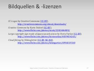 Bildquellen & -lizenzen
CC-Logos by Creative Commons (CC-BY).
http://creativecommons.org/about/downloads/
Creative Commons by Karin Dalziel (CC-BY).
http://www.flickr.com/photos/nirak/2282406809/
Large copyright sign made of jigsaw puzzle pieces by Horia Varlan (CC-BY).
http://www.flickr.com/photos/horiavarlan/4839454263/
Cloud fishing by HikingArtist (CC-BY-NC-ND).
http://www.flickr.com/photos/hikingartist/6996819548

Anja Lorenz | Crash Course: Creative-Commons-Lizenzen

17

 