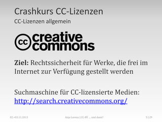 CC-Lizenzen allgemein
Ziel

Rechtssicherheit für Werke, die frei im
Internet zur Verfügung gestellt werden, ohne
das Urheberrecht einzuschränken

Anja Lorenz | Crash Course: Creative-Commons-Lizenzen

5

 