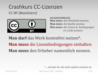 CC-BY
Namensnennung (Basislizenz)
DAS KLEINGEDRUCKTE

Man muss den Werktitel nennen.
Man muss die Quelle nennen.
Man muss die Lizenz & -bedingungen
(≅ Link) nennen.

Man darf das Werk kostenfrei nutzen*.
Man muss die Lizenzbedingungen einhalten:
Man muss den Urheber namentlich nennen.

*… auf jede Art, die nicht explizit verboten ist.
Anja Lorenz | Crash Course: Creative-Commons-Lizenzen

7

 