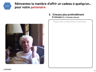 14
Réinventez la manière d’offrir un cadeau à quelqu’un…

pour votre partenaire
2. Creusez plus profondément

6 minutes (2 x 3 minutes chacun)
Notes de la deuxième interview
 